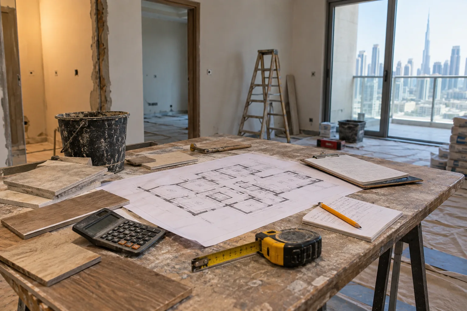 Apartment renovation cost plan with measured drawings, calculator and finish samples in Dubai