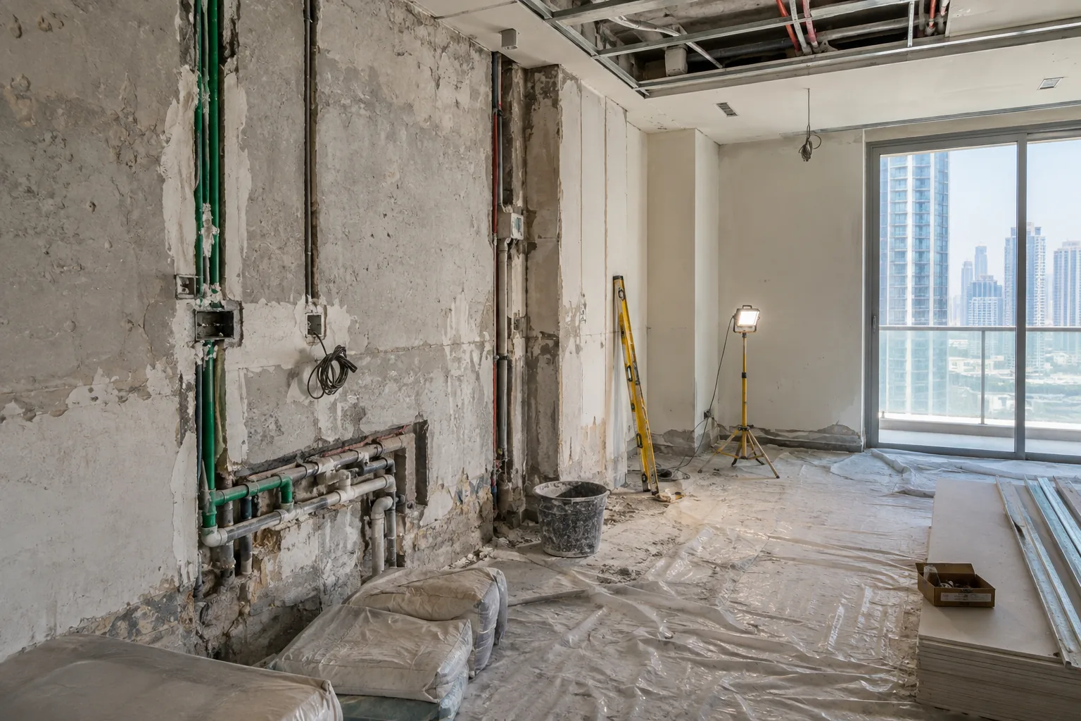Open apartment ceiling and wall services inspected during renovation in Dubai