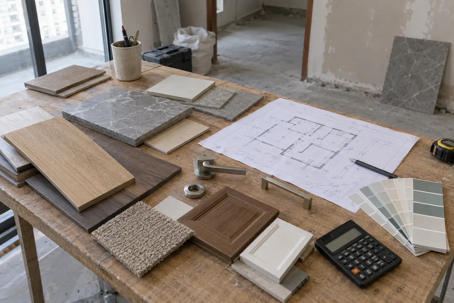 Apartment flooring, joinery, worktop and paint specifications compared beside a budget schedule