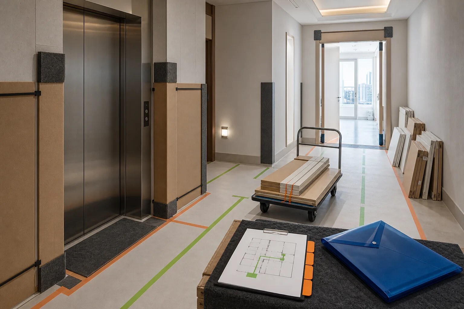 Apartment renovation plans arranged with an access and delivery schedule