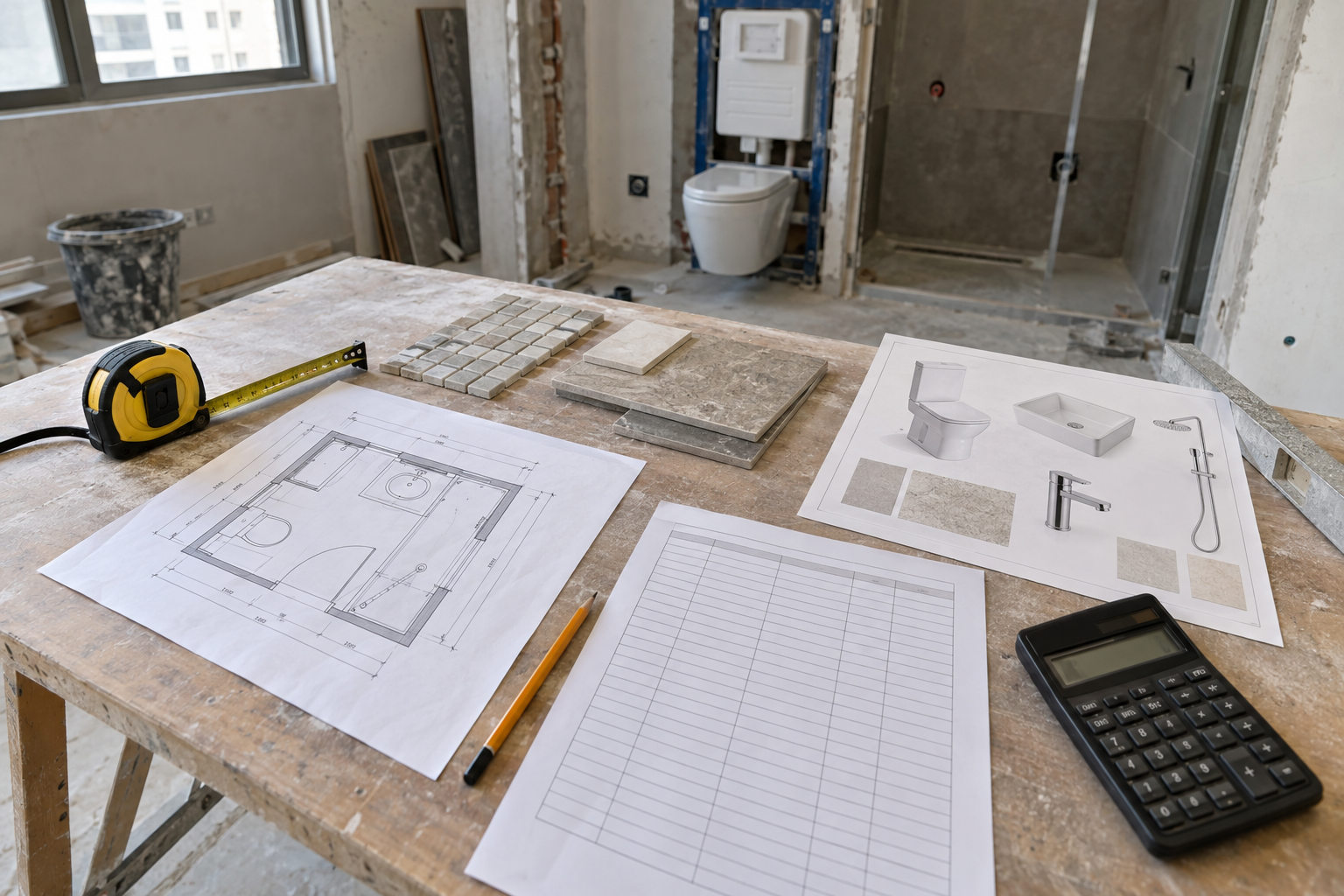 Bathroom renovation cost planning documents, calculator and material samples on a site table in Dubai