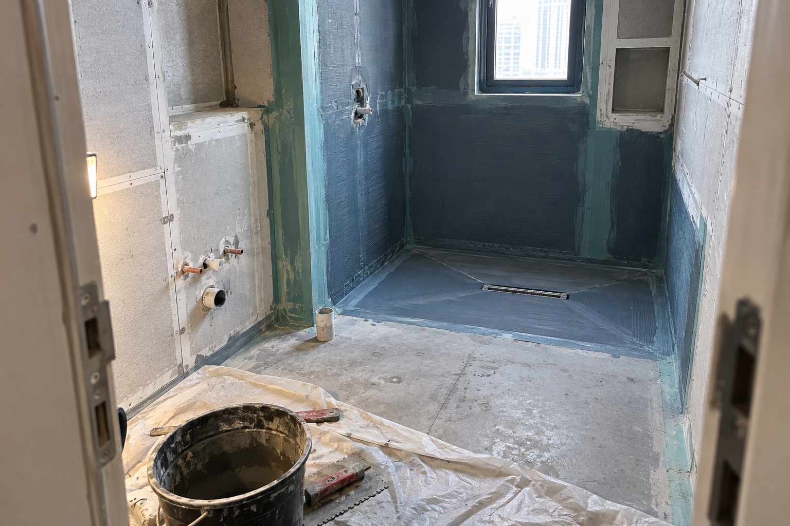 Exposed bathroom substrate, plumbing penetrations, drain and waterproofing during renovation in Dubai