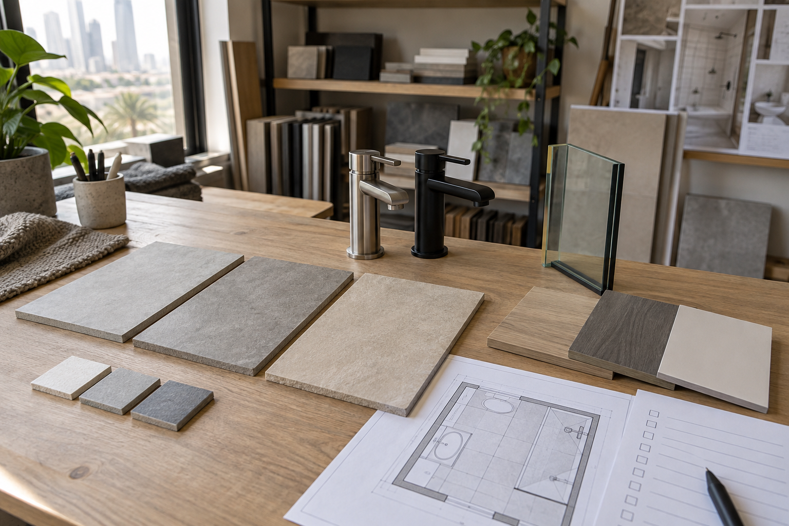 Bathroom tile, brassware, vanity and glass samples compared beside a measured plan