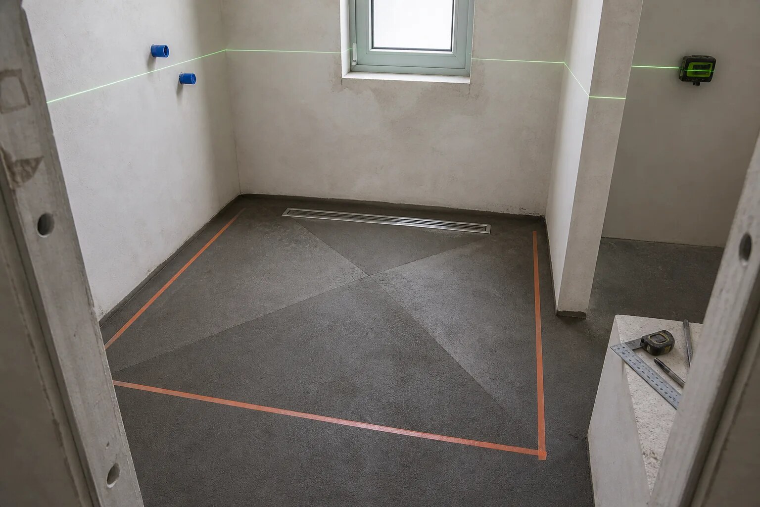 Bathroom drainage falls and fixture positions marked on technical drawings