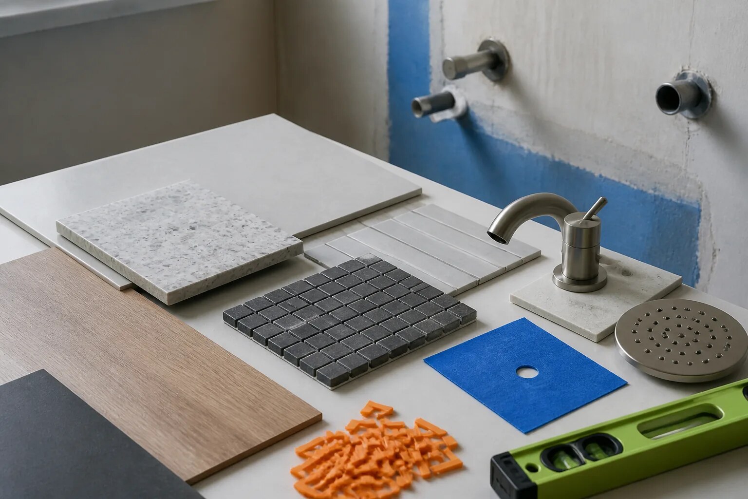 Bathroom tile, grout and sanitary finish samples beside a wet-area plan