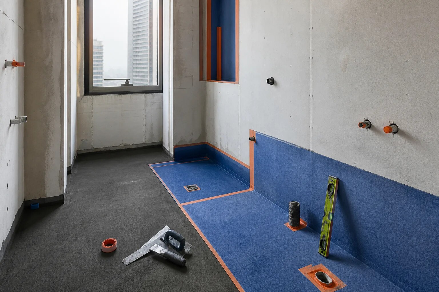 Bathroom wet area prepared for a coordinated waterproofing system