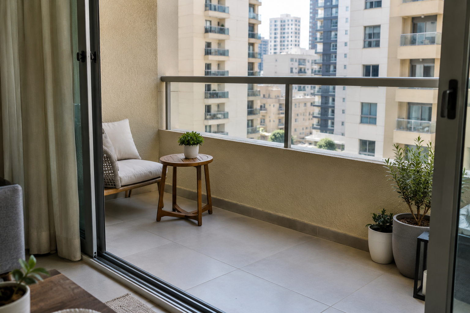 A modest balcony viewed through an open sliding door with clear access and low furniture