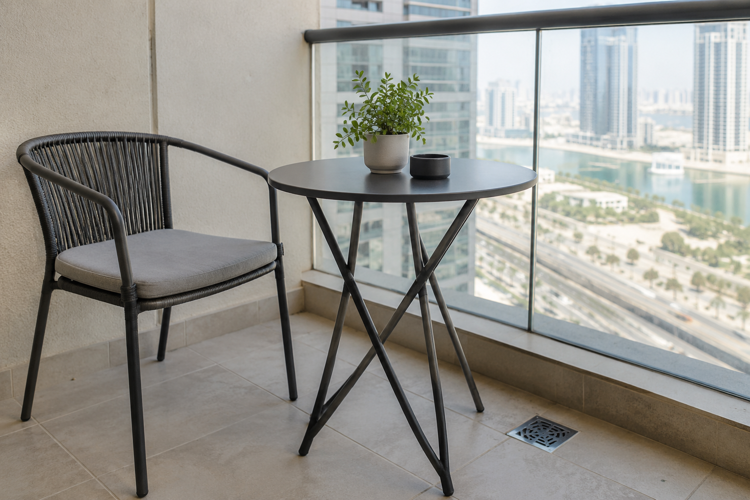 A small freestanding table and outdoor chair on ordinary balcony tiles with a visible drain