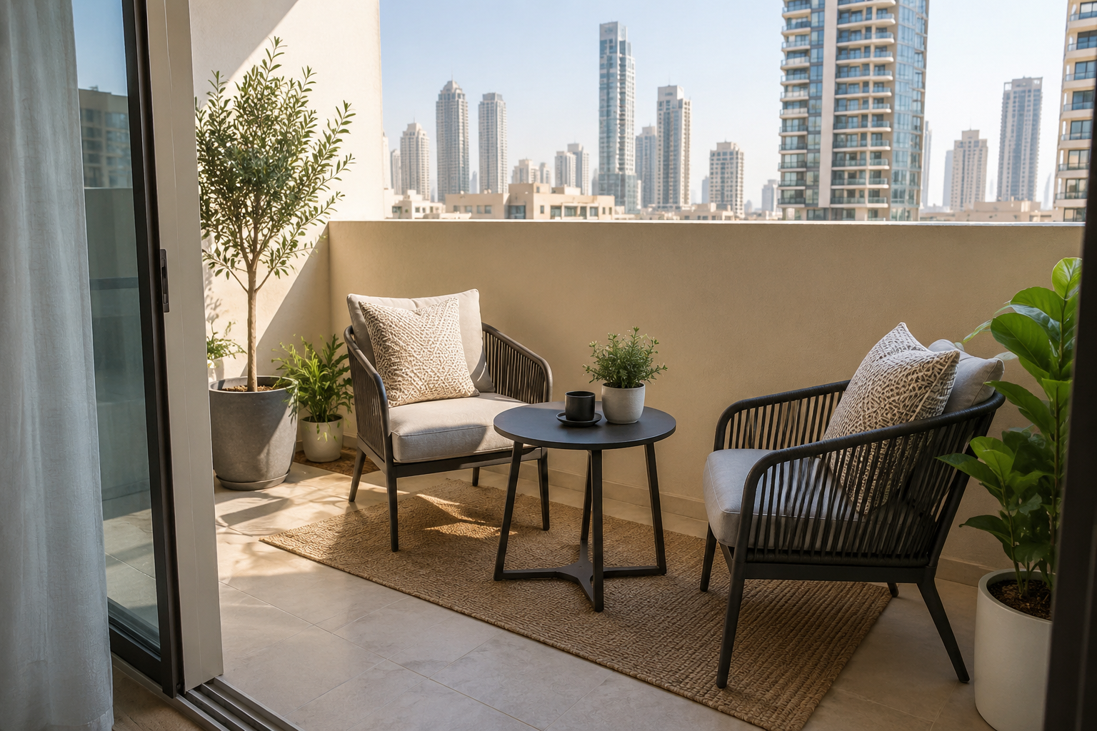 A small apartment balcony with low outdoor chairs, a compact table and floor-standing plants