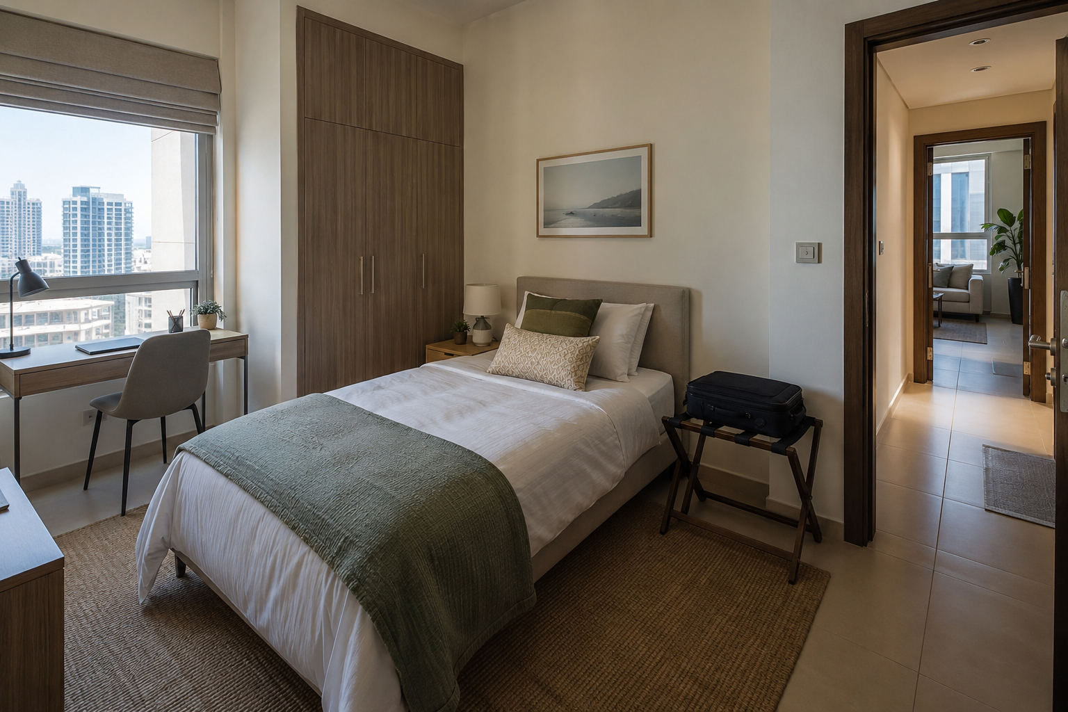 Dual-use guest bedroom with a bed, compact desk, wardrobe and luggage stand