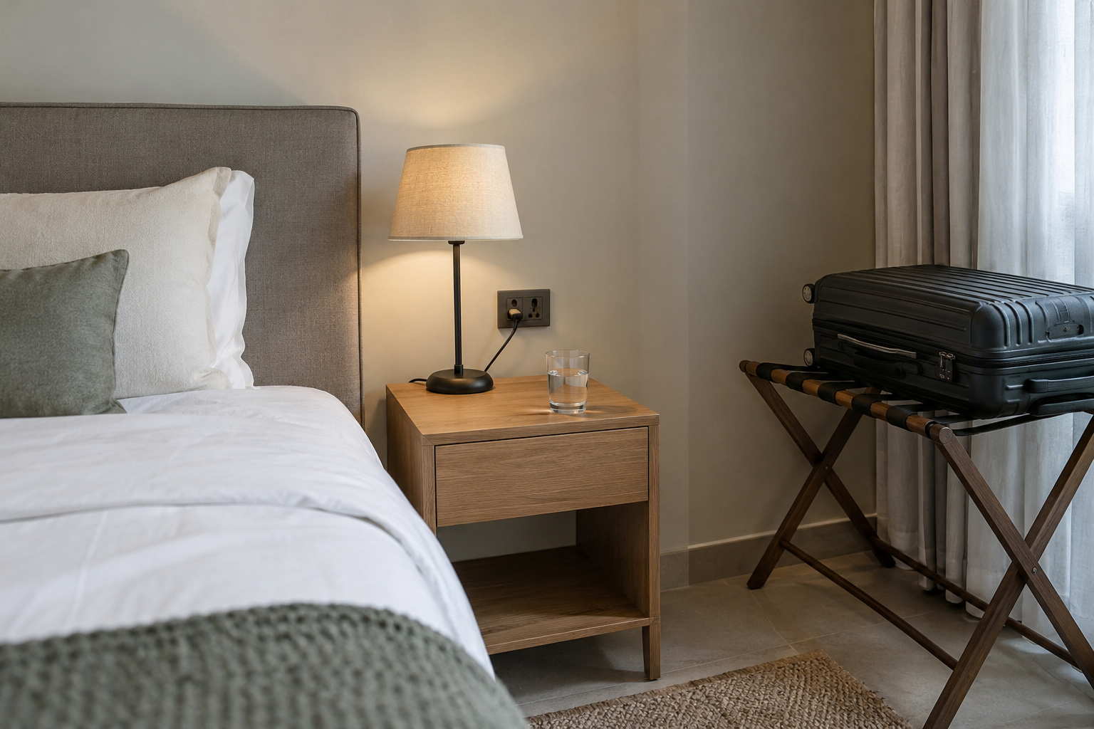 Guest bedside corner with a reading lamp, a clear surface and nearby luggage stand