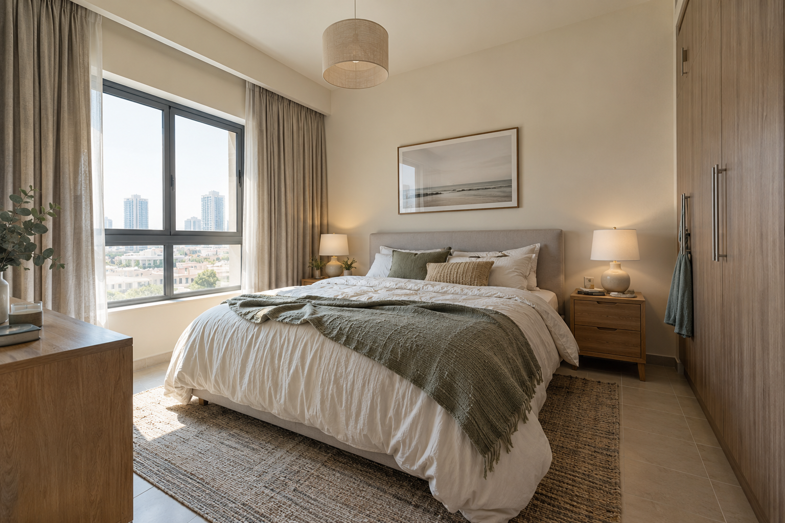 Master bedroom with bedside lighting, a wardrobe and window curtains