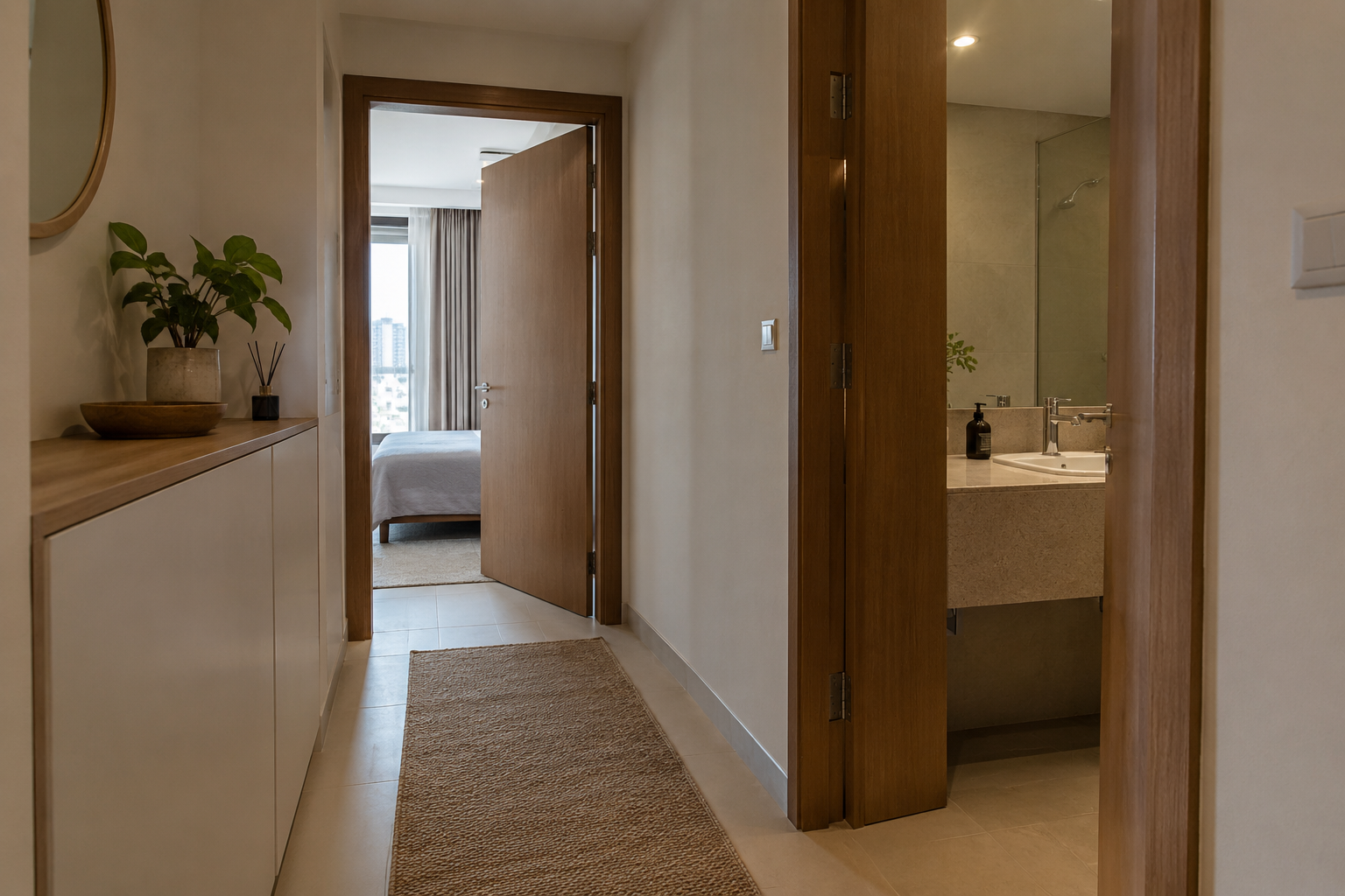 Residential corridor with partly open room doors and shallow storage