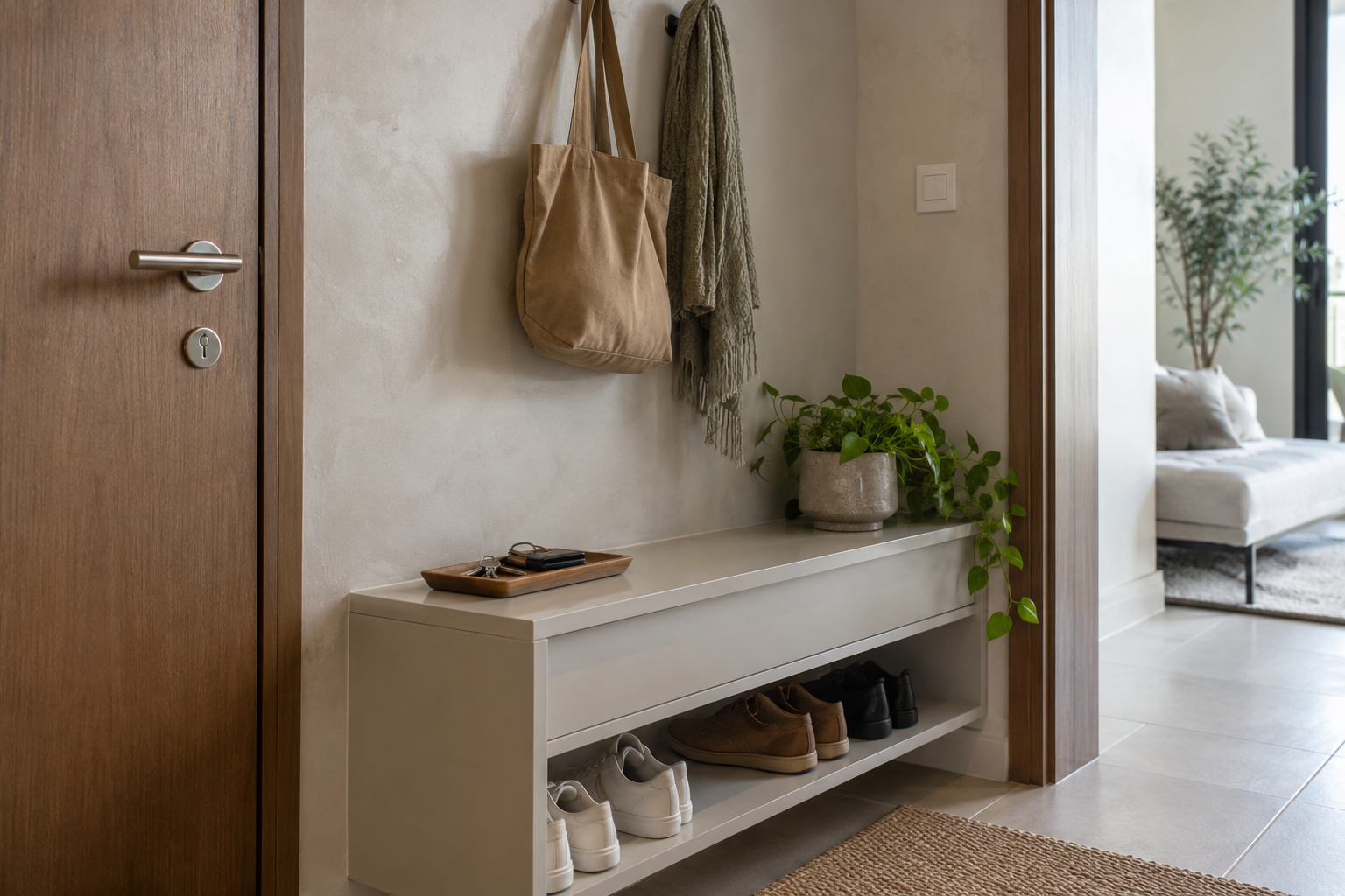 Entrance storage detail with a key tray, bag hook and shoes in a cabinet