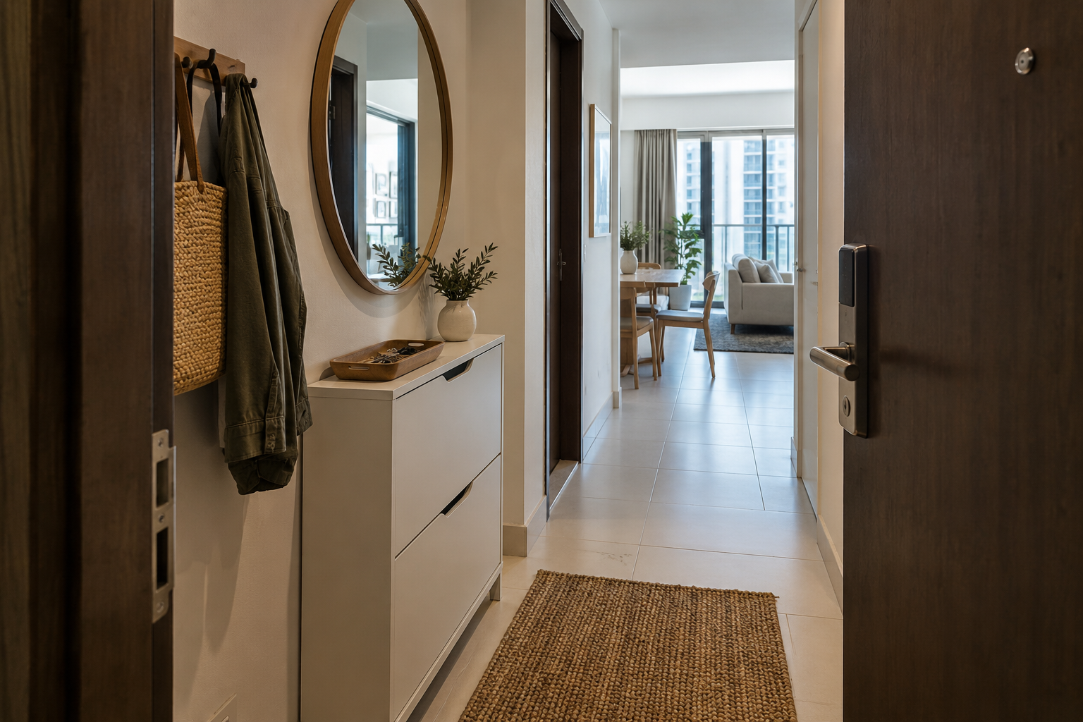 Apartment entrance with a shallow shoe cabinet, mirror, hooks and an open route