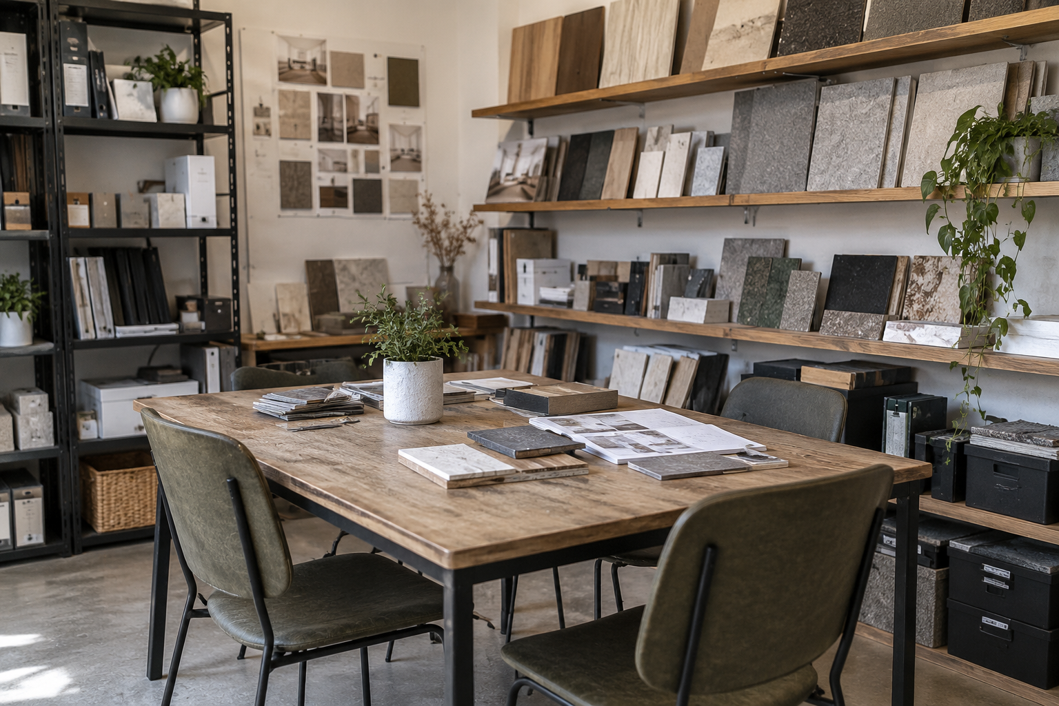 A modest material-library corner with sample shelves and a small meeting table