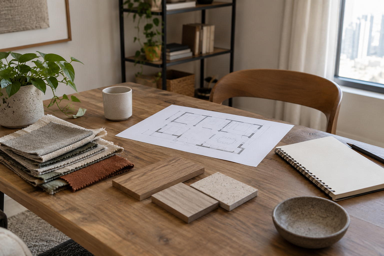 Fabric swatches, wood samples and a simple unlabelled layout on a design worktable