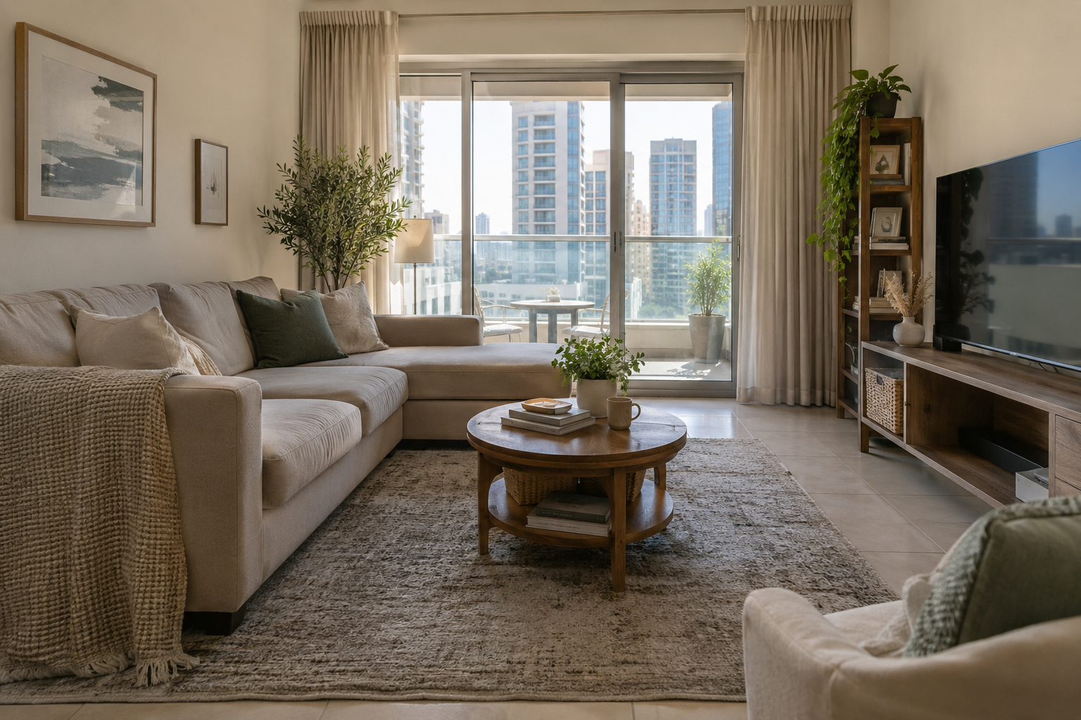 A neutral apartment living room with comfortable furniture and restrained finishes