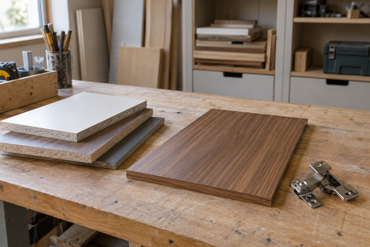 Cabinet board samples, a timber-veneer panel and a separate hinge on a modest workbench