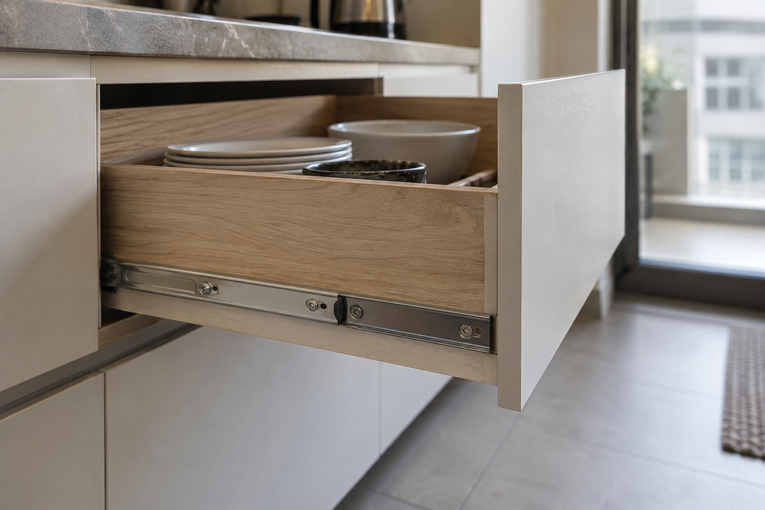 An open fitted cabinet drawer with a simple metal runner and clean cabinet edges