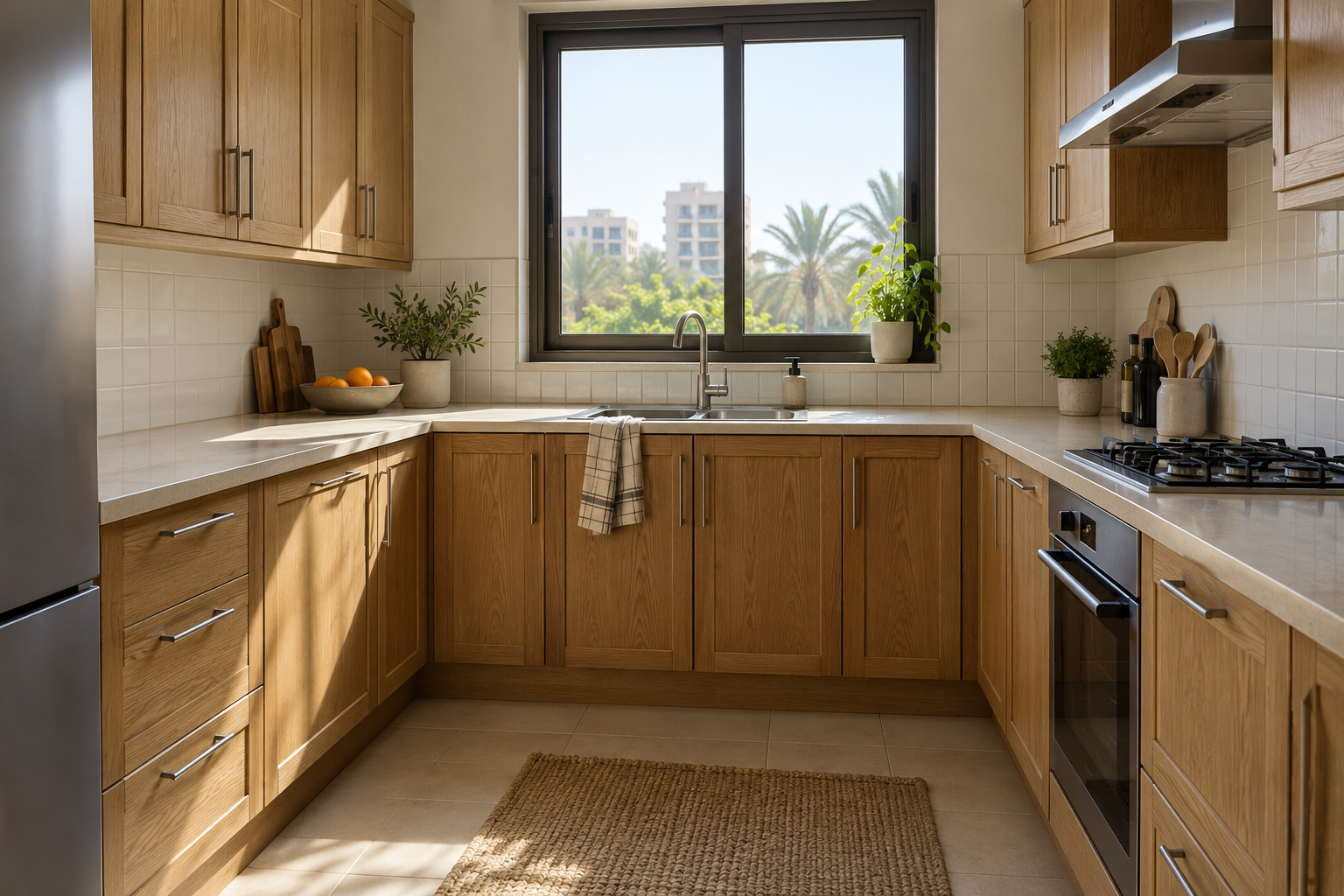 An ordinary residential kitchen with fitted oak-tone cabinetry and a plain worktop
