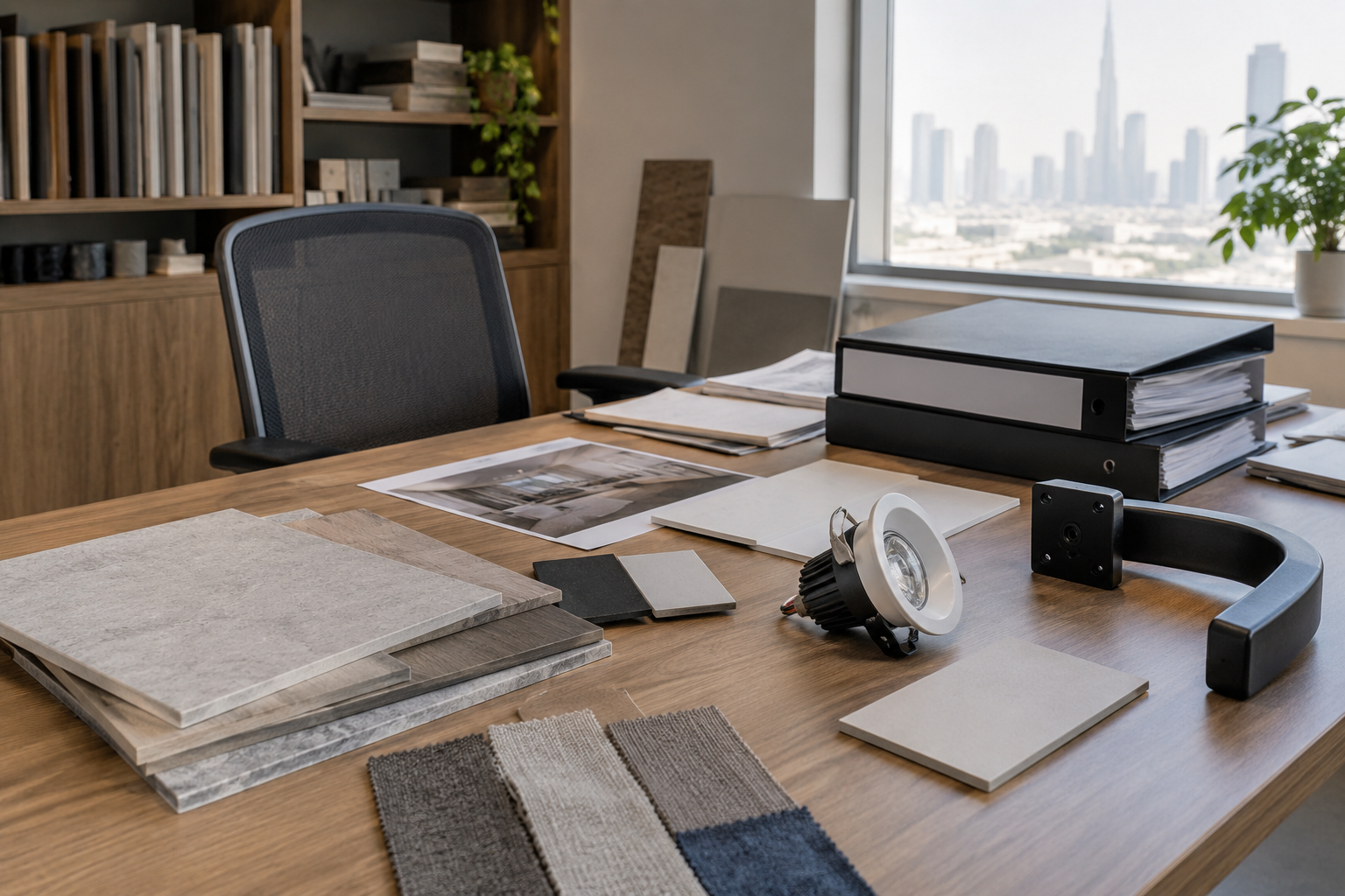 Material samples, unbranded supplier folders and an existing office component on an assessment desk