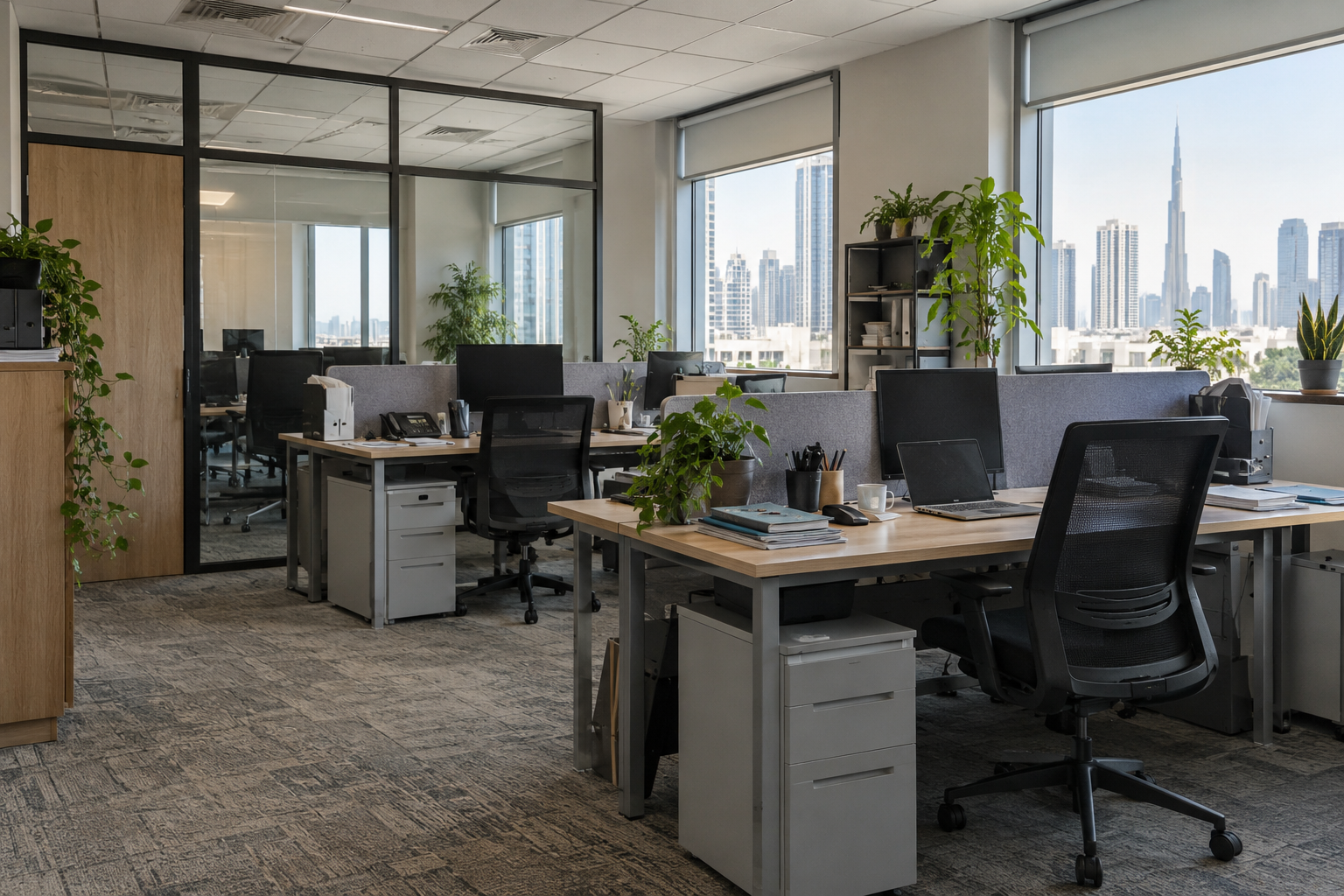 Practical office with retained furniture, ordinary daylight and modest planting