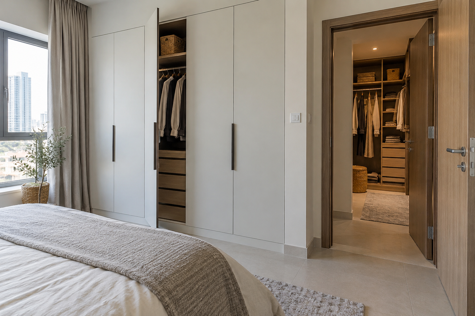 Bedroom wardrobe beside an entrance to a separate dressing area