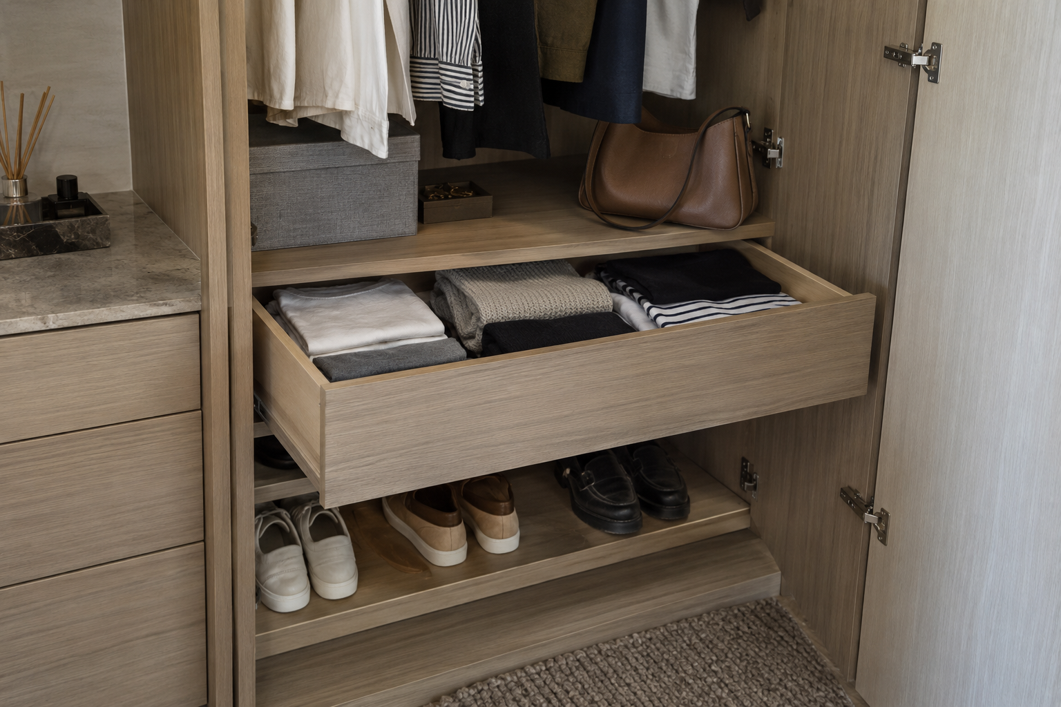 Wardrobe bay with folded clothes, a drawer, shoes and a bag