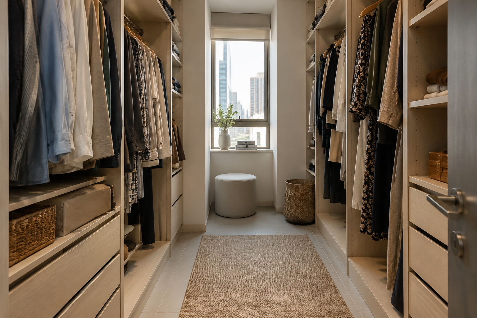 Compact walk-in closet with hanging clothes, drawers and a clear central route