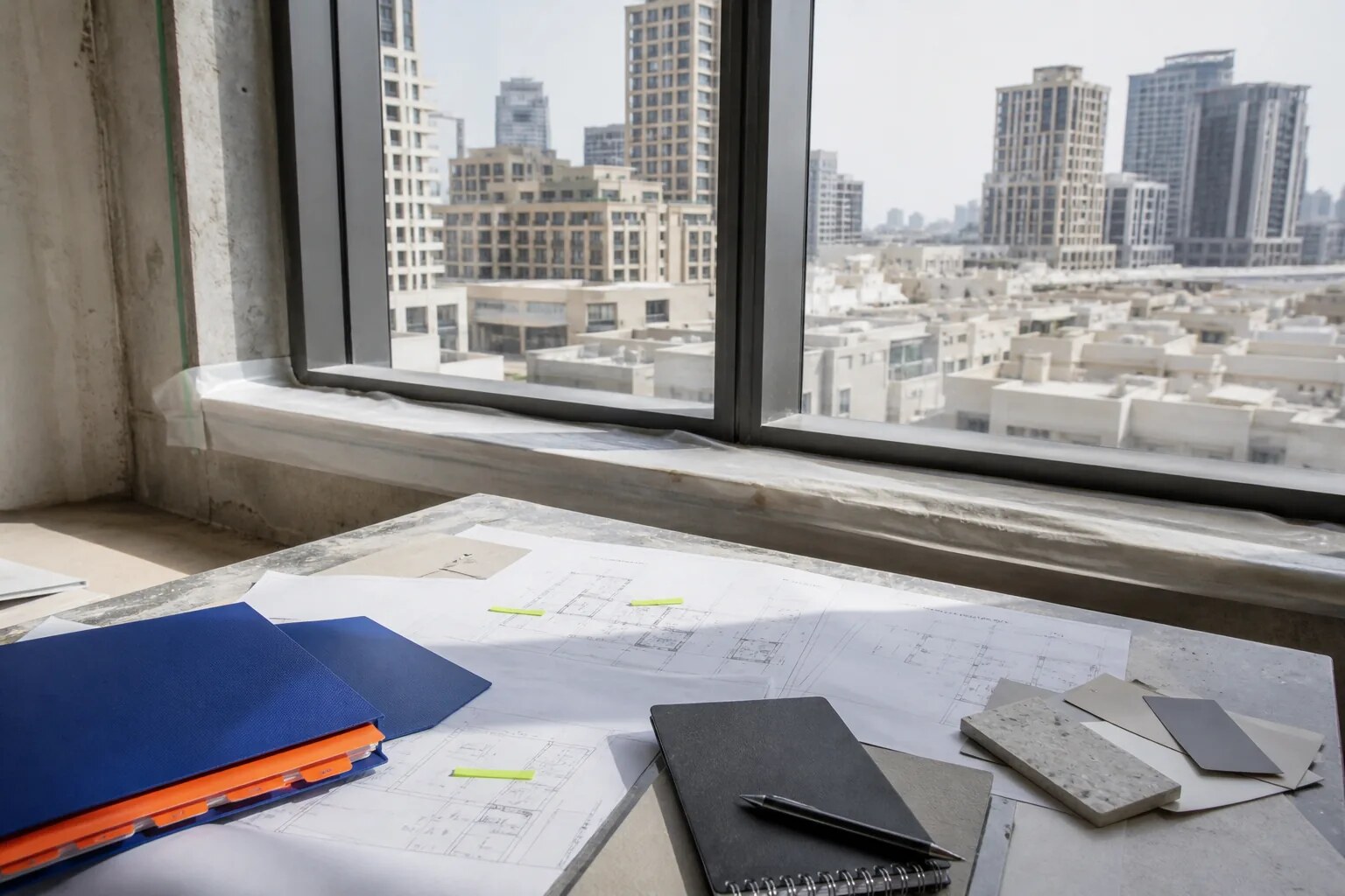 Renovation planning documents set in a contemporary Dubai context