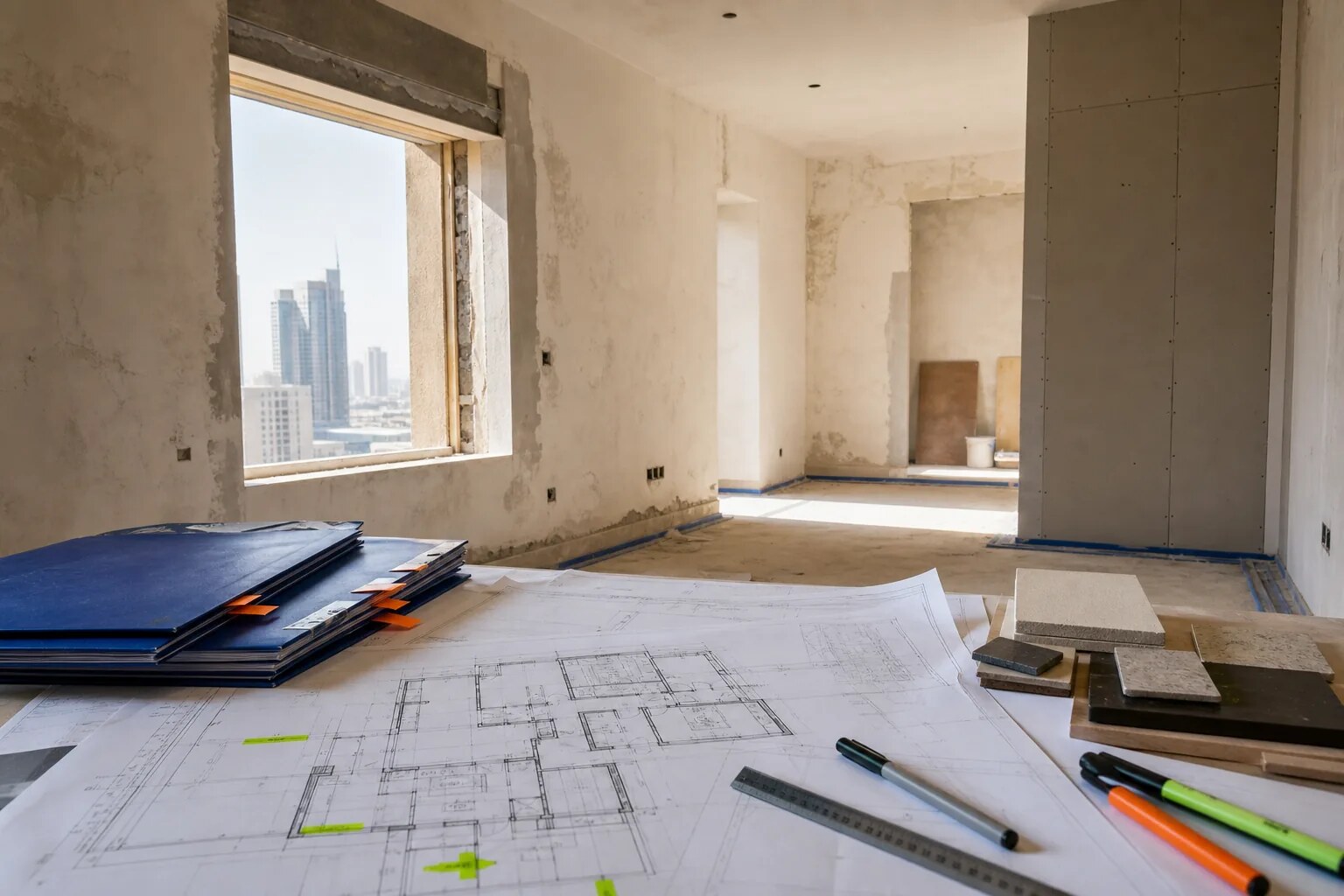 Dubai renovation drawings and an unfinished interior organised as a project dossier