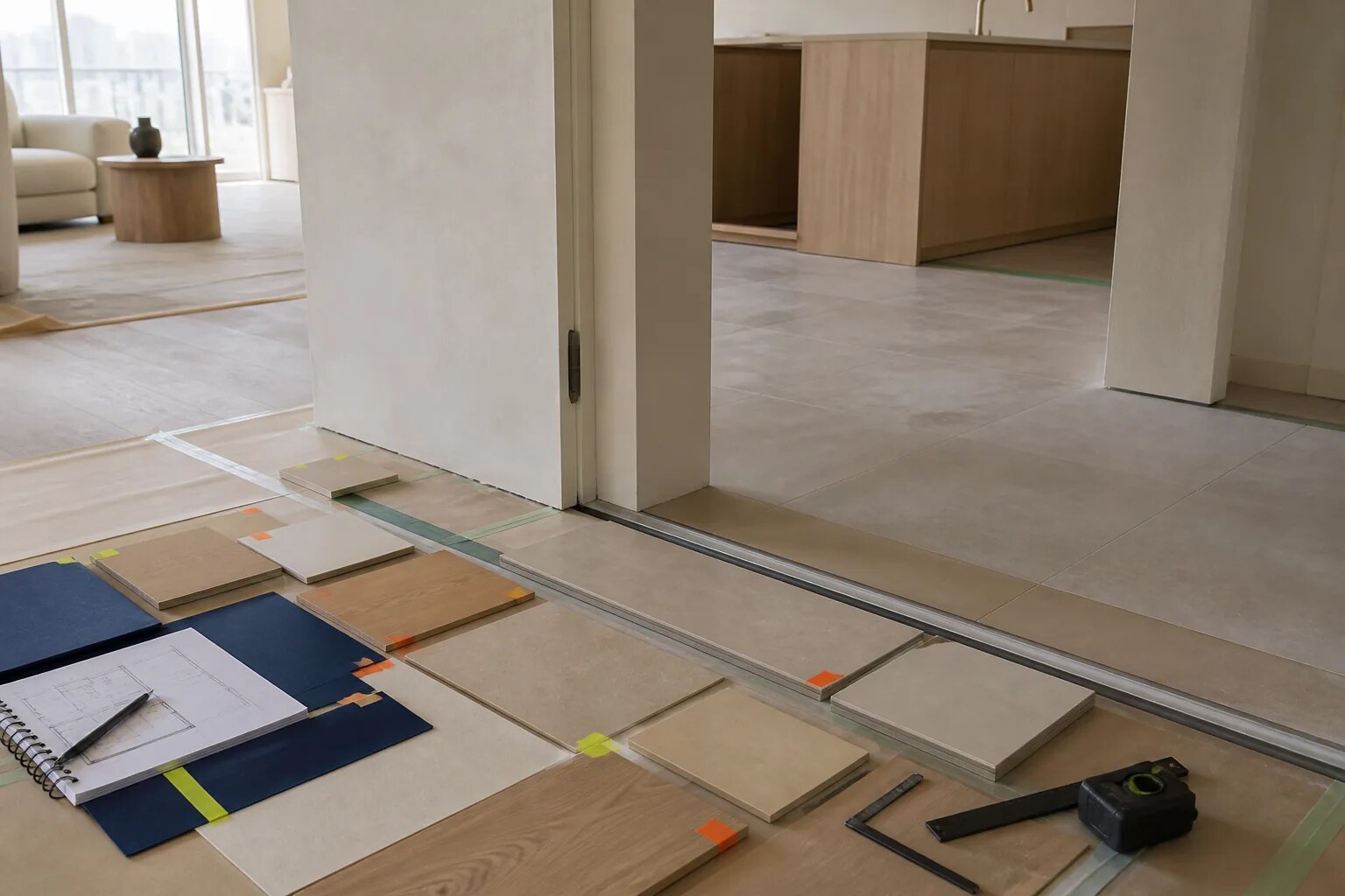 Flooring, joinery and wall finish samples arranged beside a home plan