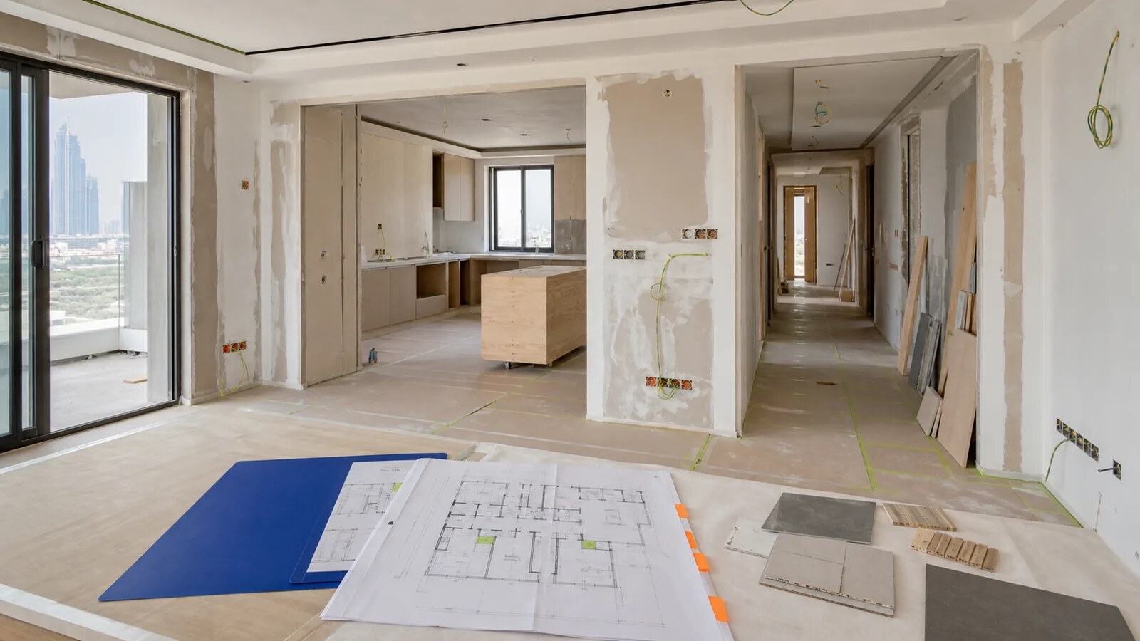 Connected living spaces prepared for a multi-room renovation plan