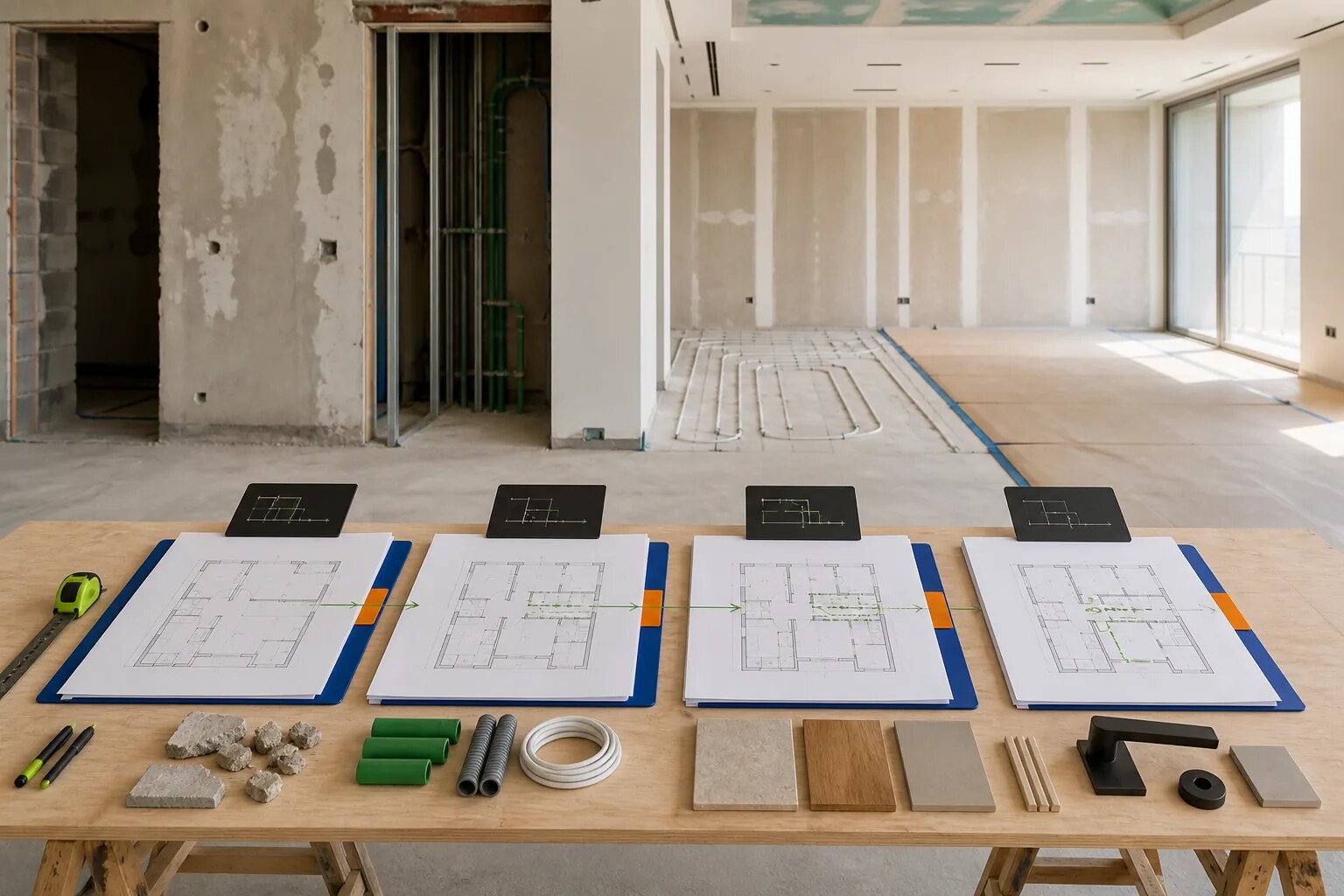 Room-by-room renovation sequence marked on residential drawings
