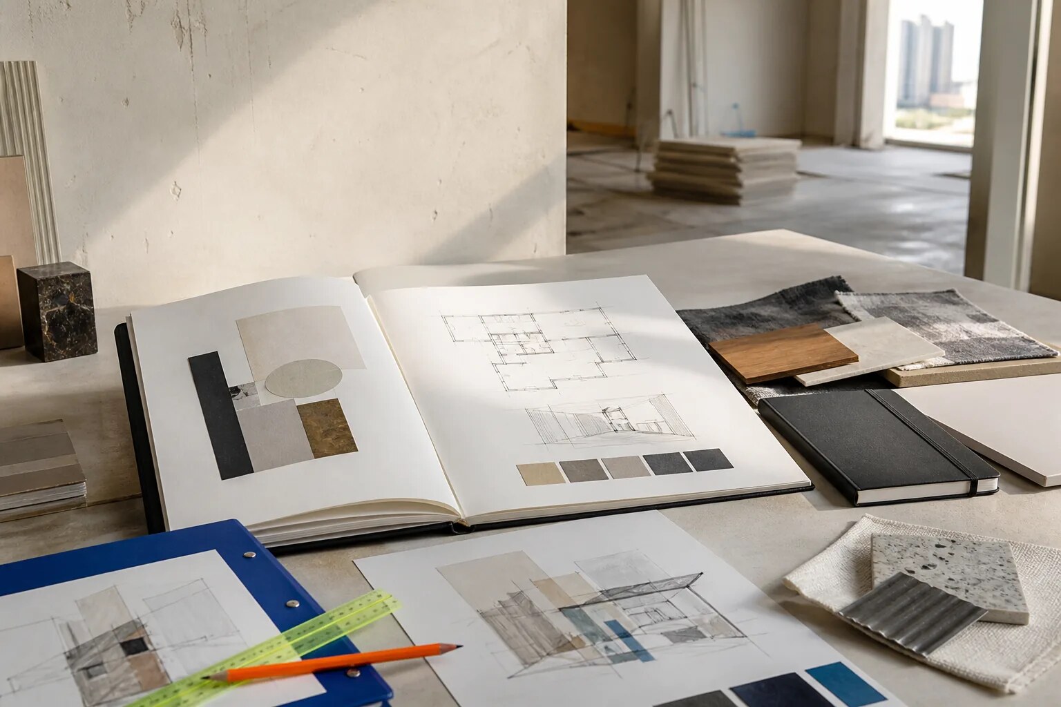 Interior plan, reference images and notes arranged for a design brief