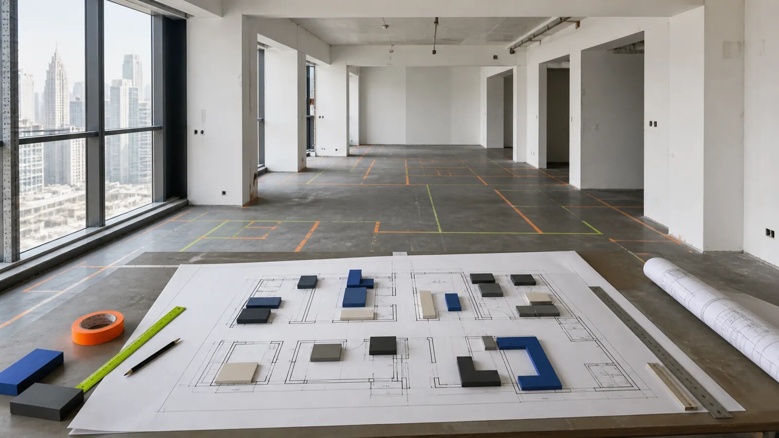 Furniture zones and circulation routes marked on an interior plan
