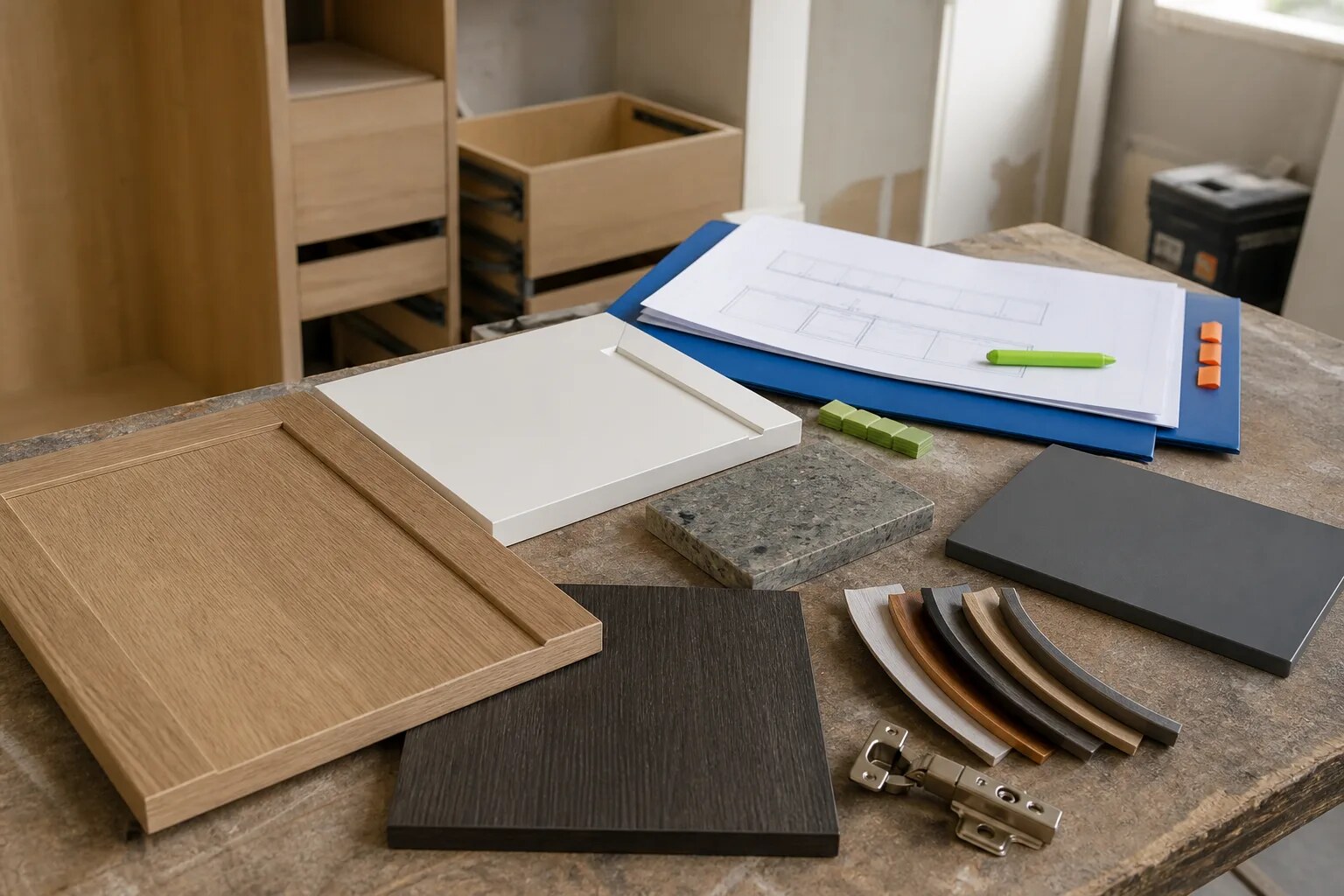 Cabinet finishes, worktop samples and hardware arranged beside a kitchen drawing