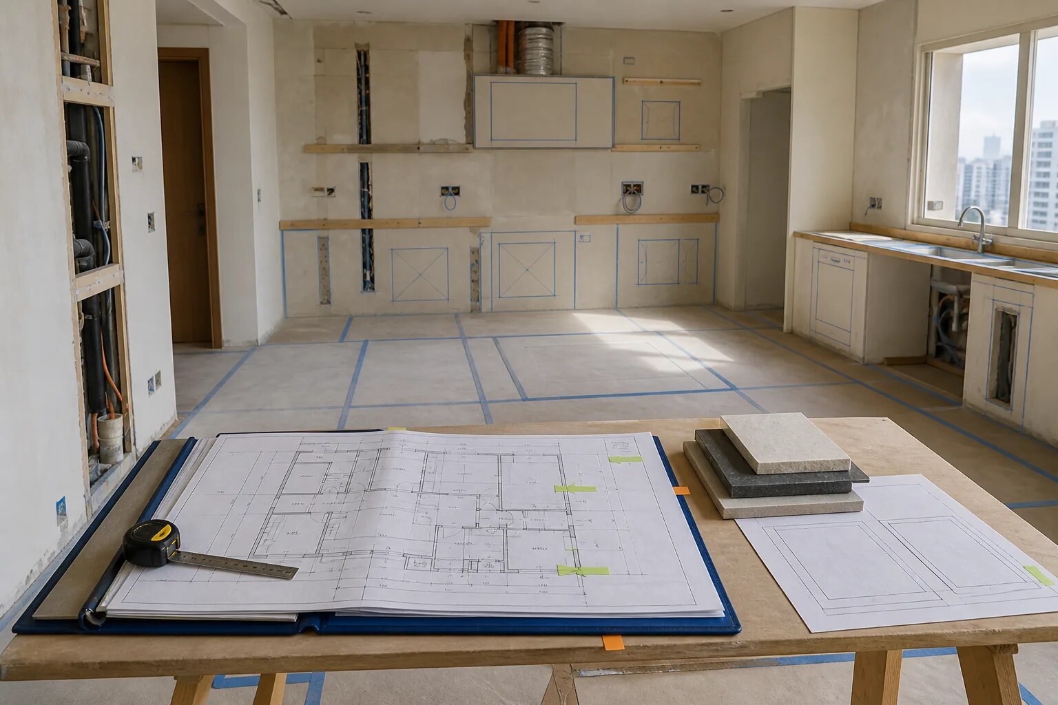 Kitchen plan with appliance clearances and work zones marked