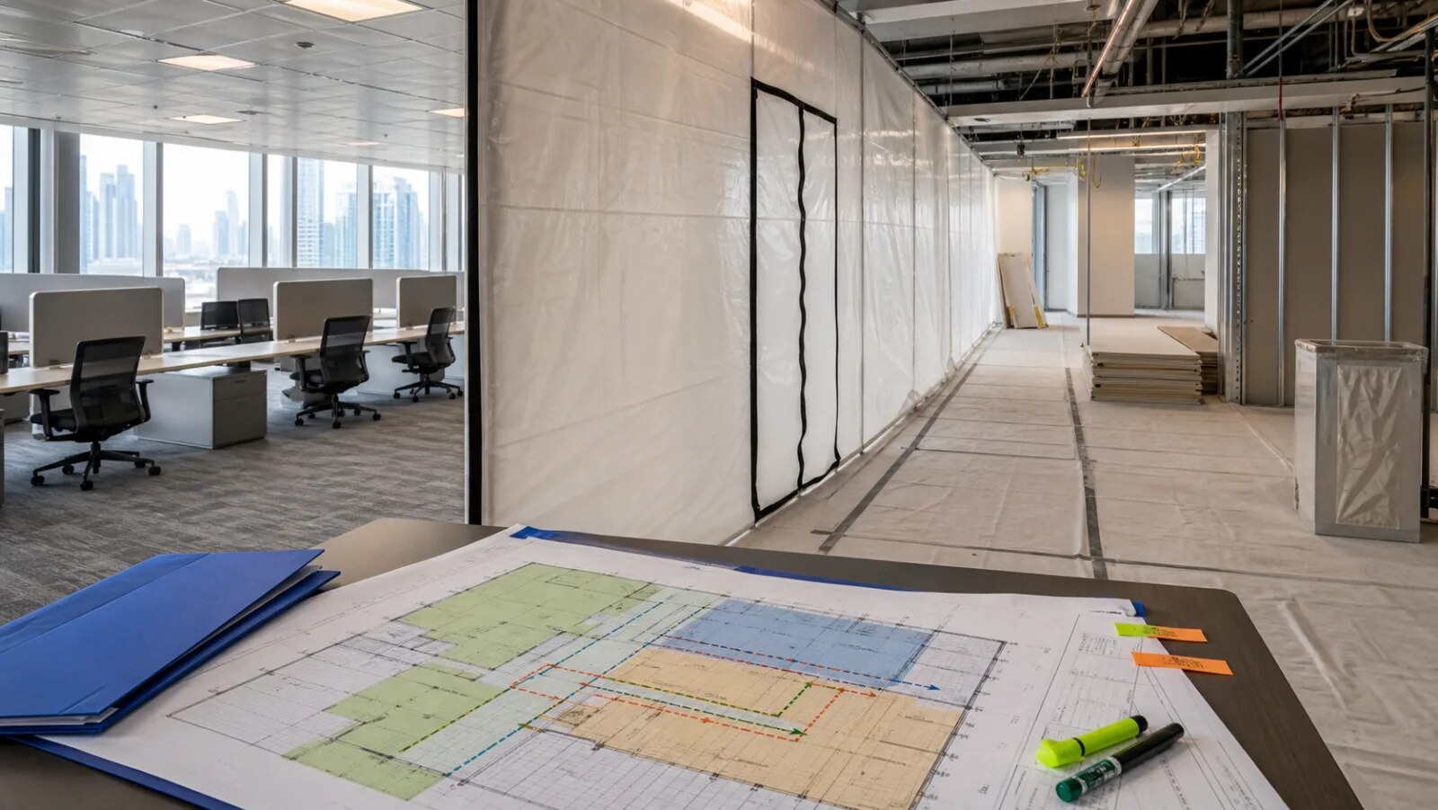 Office renovation phasing plan with protected work and occupied zones