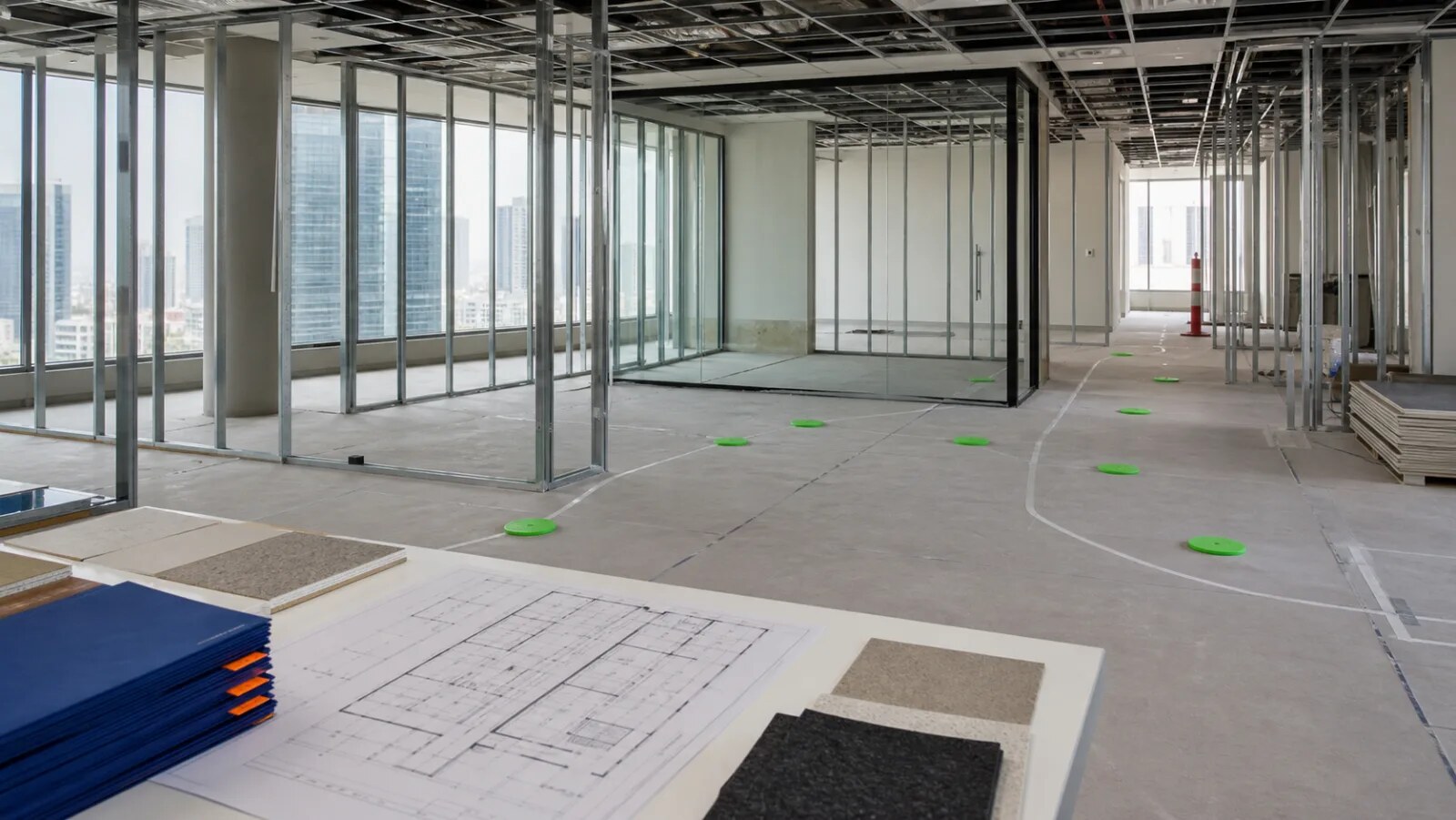 Unfinished office interior marked for workplace zones and circulation
