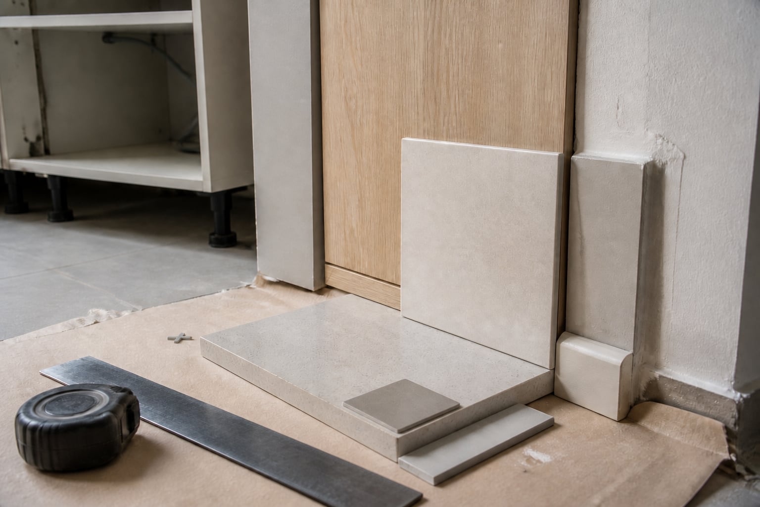 Apartment finish samples and junction details checked during renovation planning