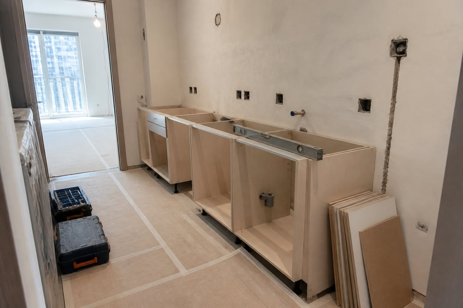 Apartment kitchen at a practical cabinet and services installation stage