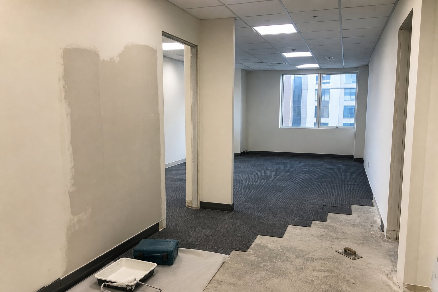 Compact office at the paint and carpet-tile installation stage