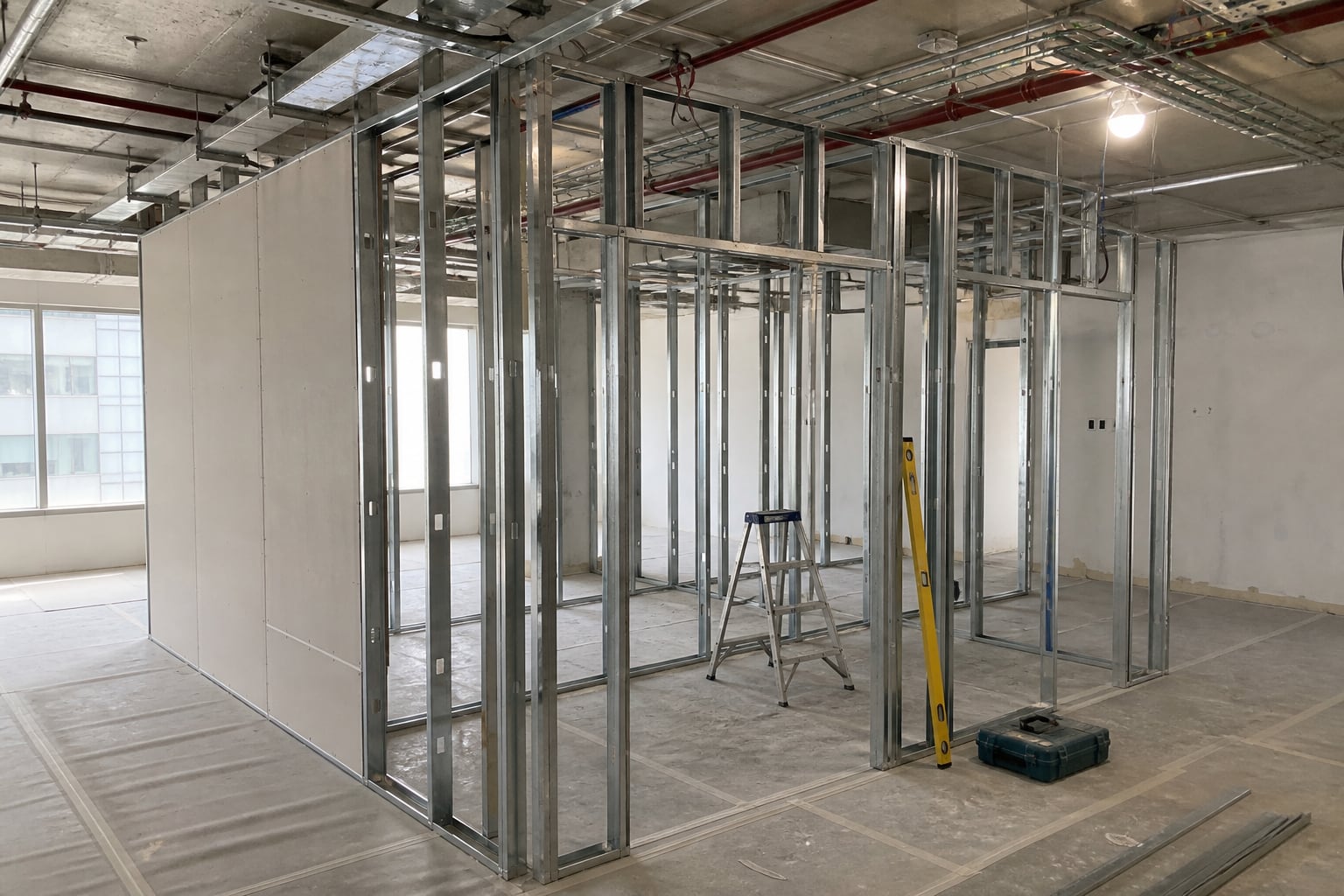 Office partition framing coordinated with ceiling services during renovation