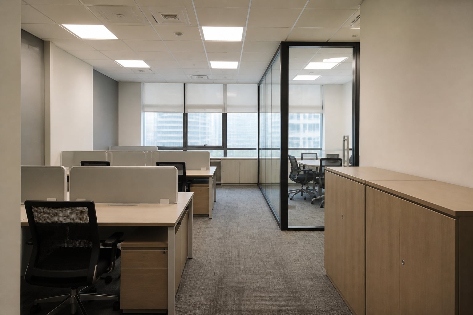 Compact office renovation idea with practical mid-market finishes