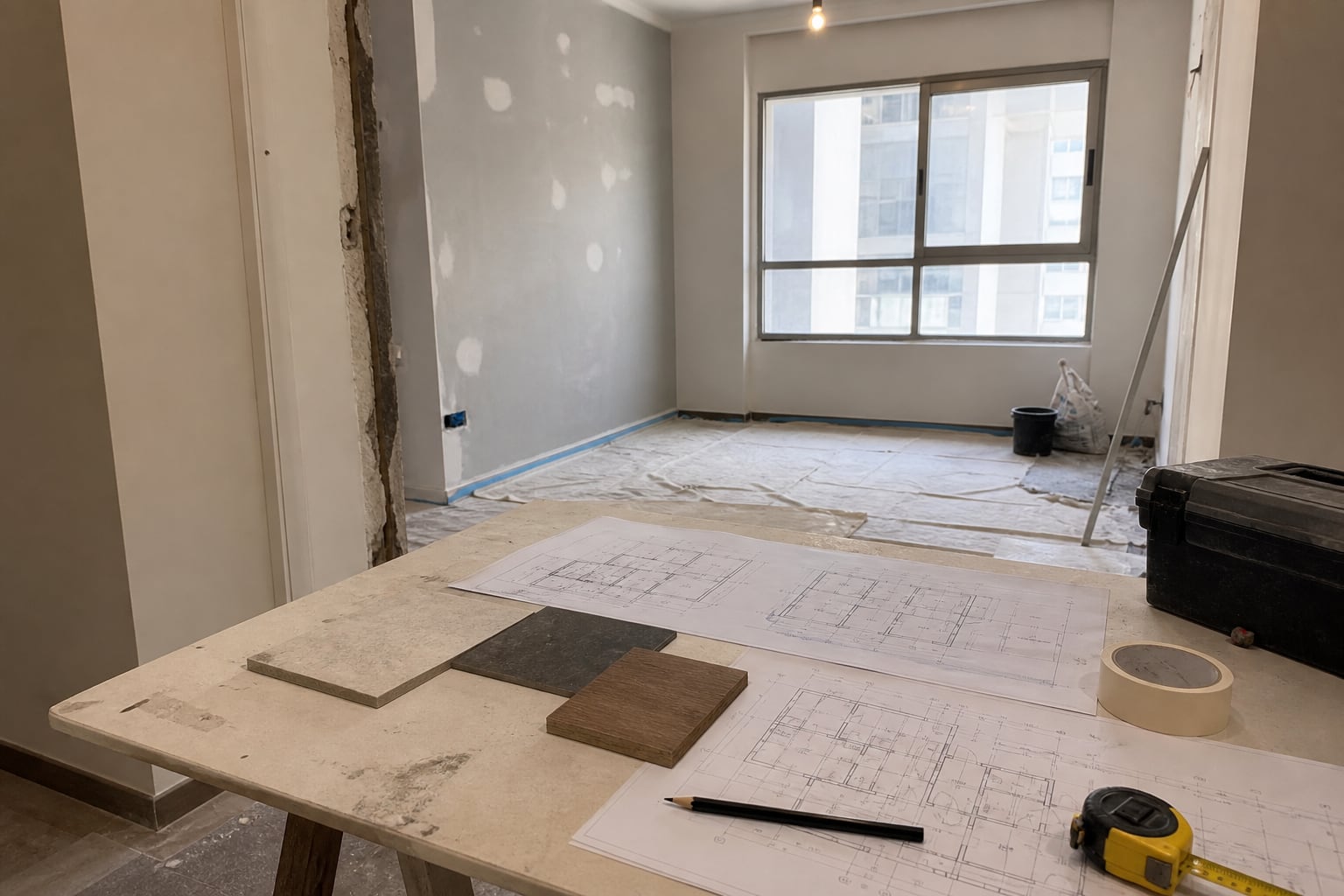 Renovation plans, tools and material samples inside a modest apartment at an early work stage