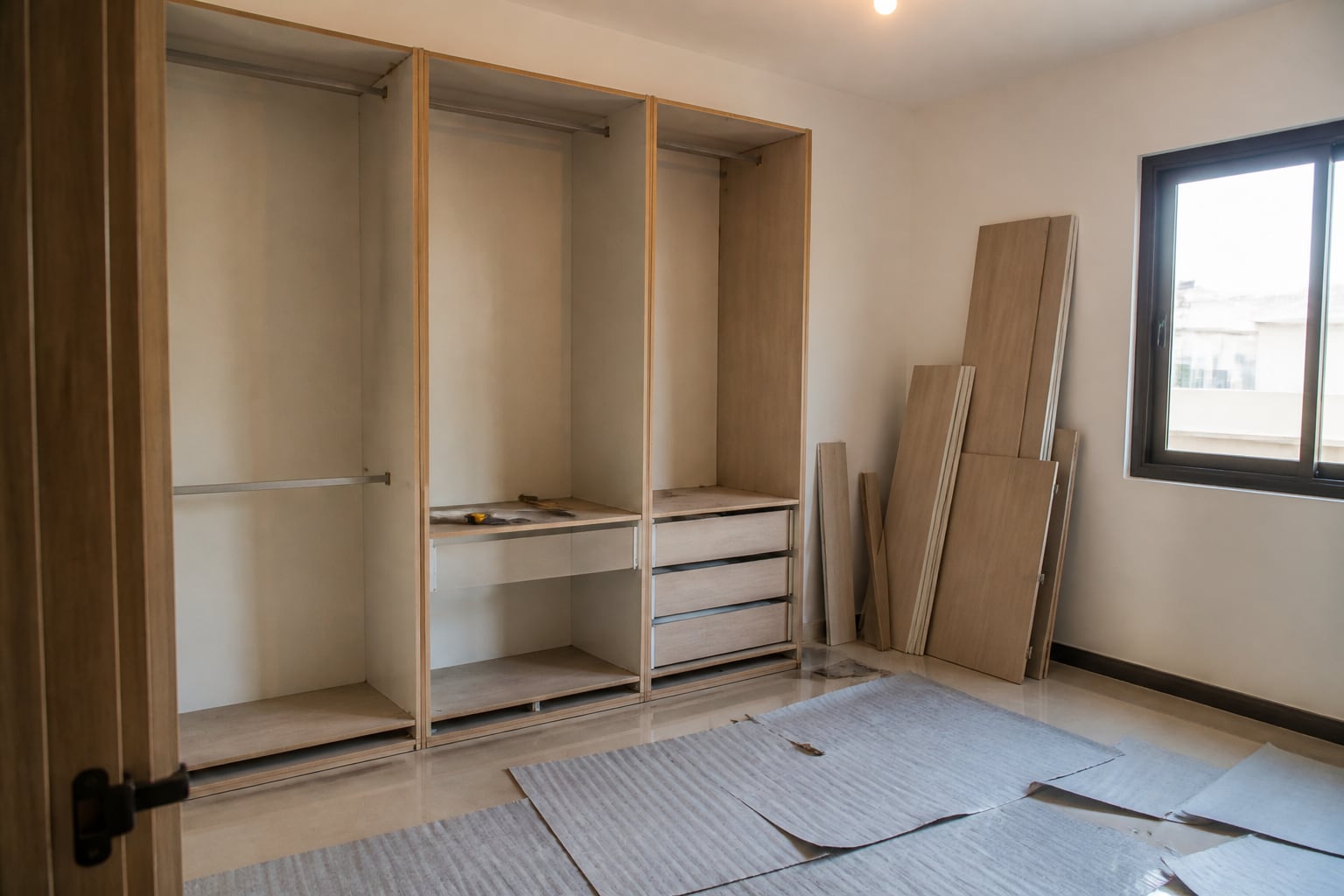 Built-in joinery being installed in a modest villa room