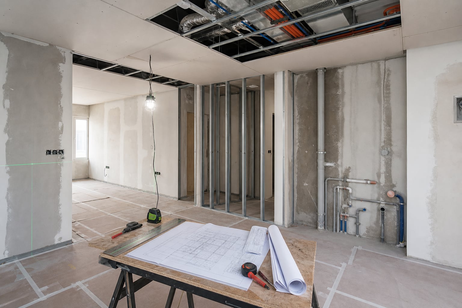 Villa interior at the building-services coordination stage before finishes