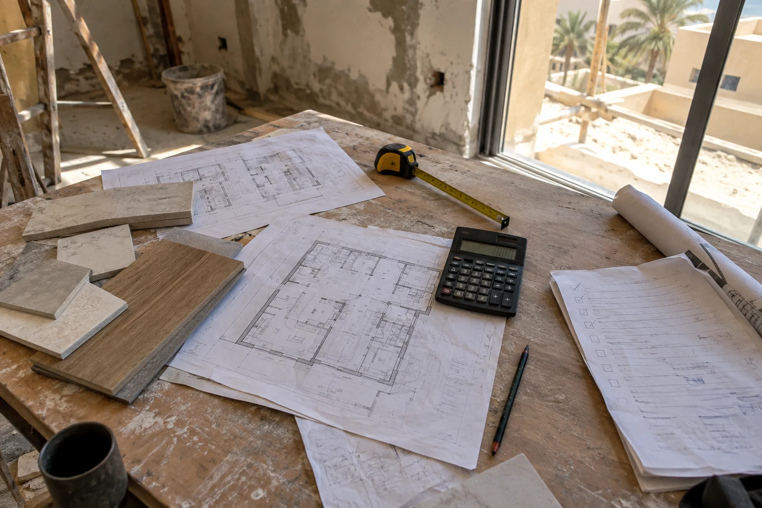 Villa renovation cost planning with drawings, calculator and material samples on a Dubai site table